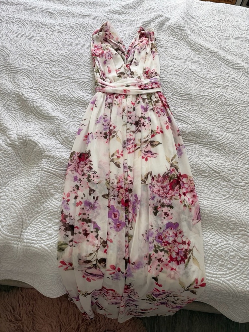Solemio Floral Wrap Maxi Dress in White, Pink and Purple